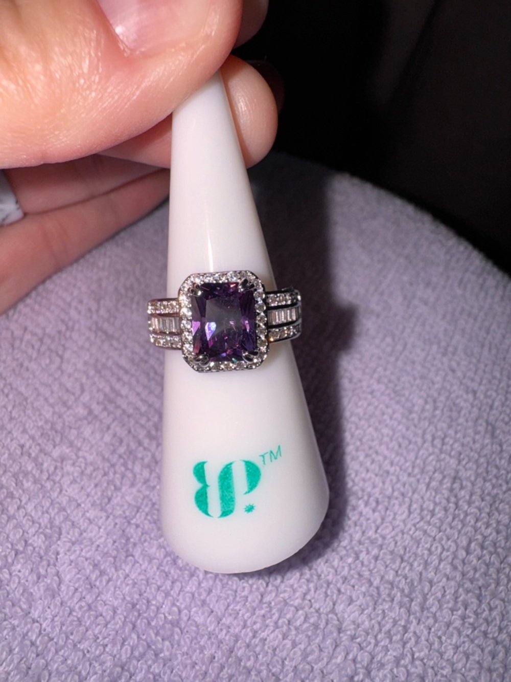 bp Silver Ring with Purple Center Stone and Pave Accents